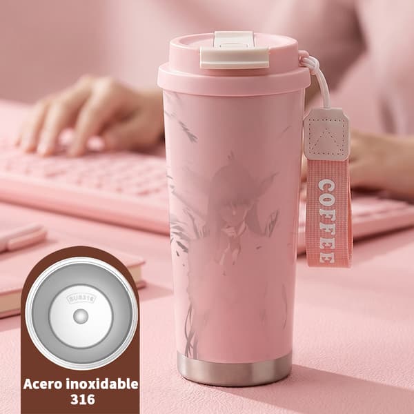 Kaffetermos 500ml Rostfritt Stål Juldesign, Isolerad kaffemugg, läckagesäker resemugg med lock Pink