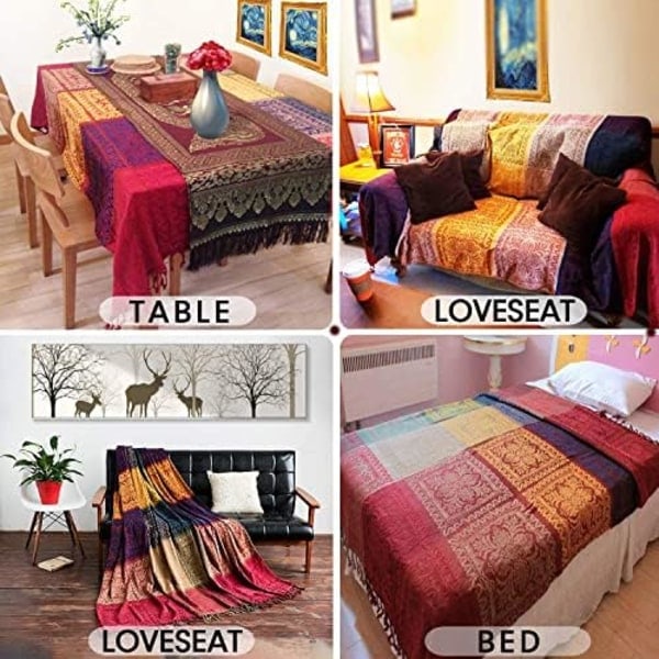 150cmx190cm Bohemisk Tribal Pläd, Vändbar Färgglad Röd Blå Boho Hippie Chenille Jacquard Tyg Pläd