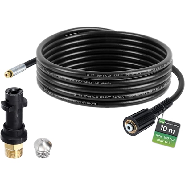 Rensslang för rör, 10 m, 200 bar, 60 °C inkl. adapter och styvt munstycke för högtryckstvättar, lämplig