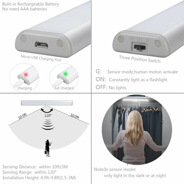Sett med 2 stk. 10 LED-lamper, trådløse, USB-oppladbare, magnetiske, bevegelsessensor, 2 lysmoduser, bærbare. Garderobe, A
