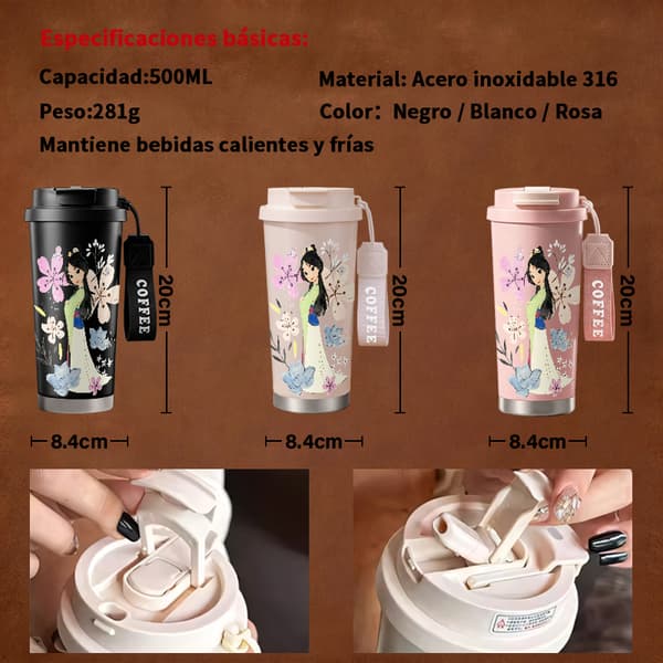 Bärbar kaffetermos 500 ml tecknad design, isolerad kaffemugg, läckagesäker resemugg med lock White
