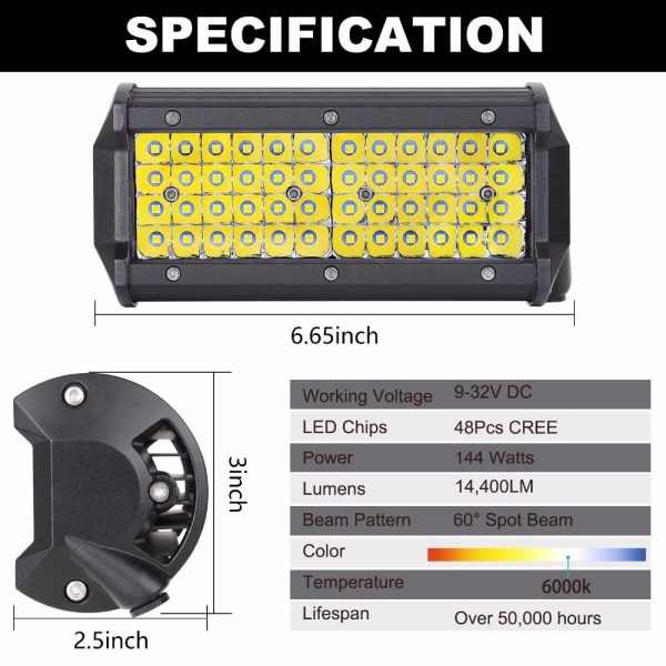 Två 7 tums LED Strip-ljus 6000K 144W 5760LM 10-30V 4 Rad 8D