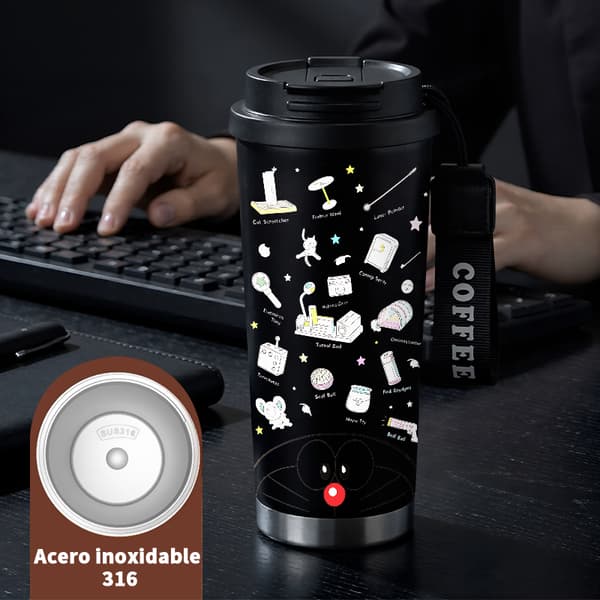 Kaffetermos 500ml Rostfritt Stål Grafisk Design, Isolerad kaffemugg, läckagesäker resemugg med lock Black