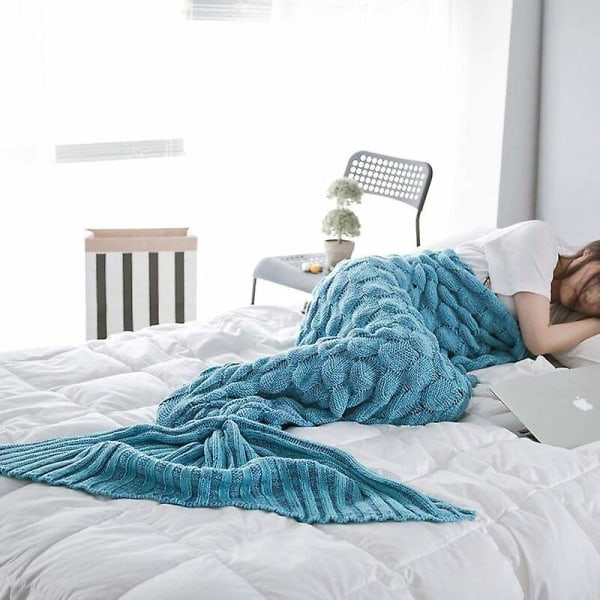 Mermaid Blanket, Mermaid Fishtail Sleeping Bag, Fish Scales Pattern Sofa Blanket, Gifts for Girls, All Seasons, 195 x 90 cm (Lake Blue)