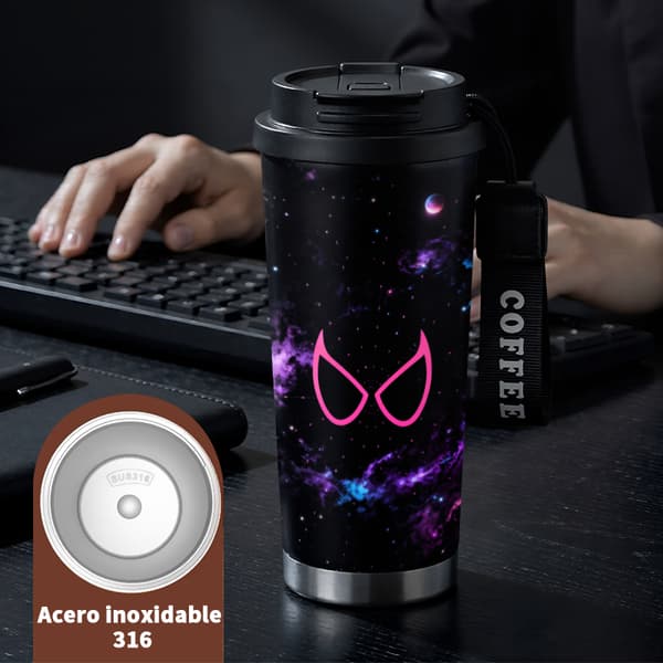 Kaffetermos 500ml Rostfritt Stål Anime Design, Isolerad kaffemugg, läckagesäker resemugg med lock Black