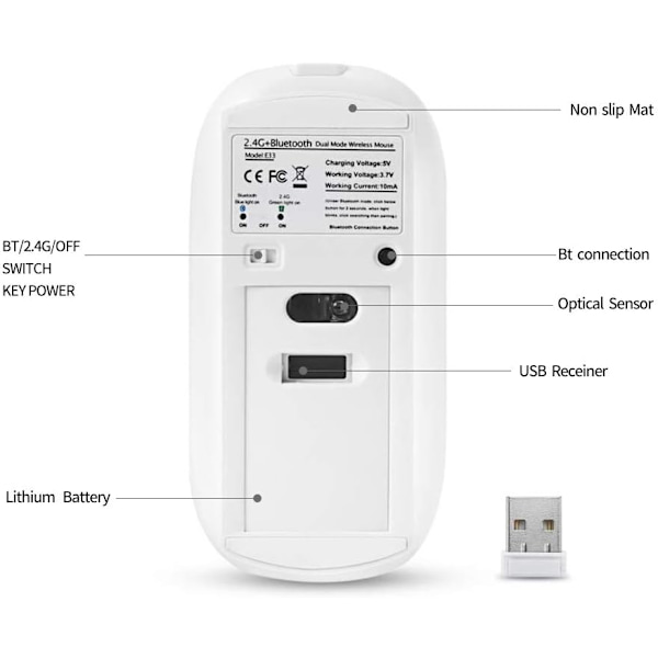 1 kpl Ladattava Kaksoistila 2.4G Bluetooth Langaton Hiiri
