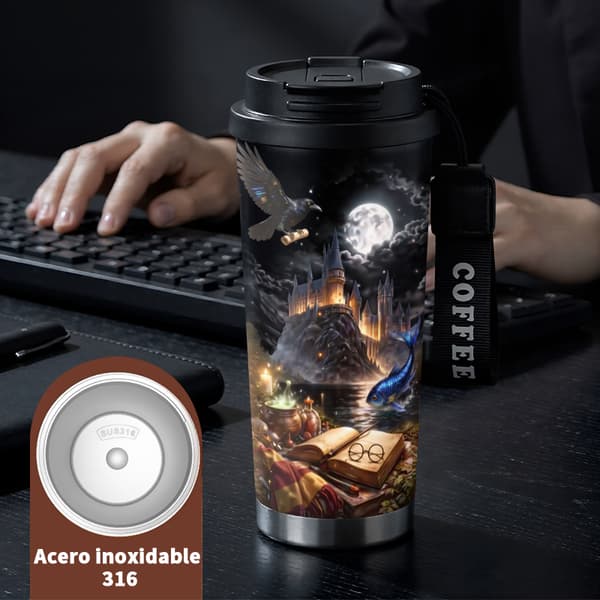 Termisk kaffemugg 500ml rostfritt stål geometrisk design, Isolerad kaffemugg, läckagesäker resemugg med lock Black