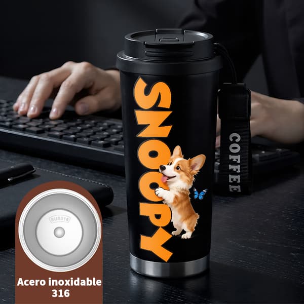 Bärbar kaffetermos 500 ml termisk tecknad design, isolerad kaffemugg, läckagesäker resemugg med lock Black