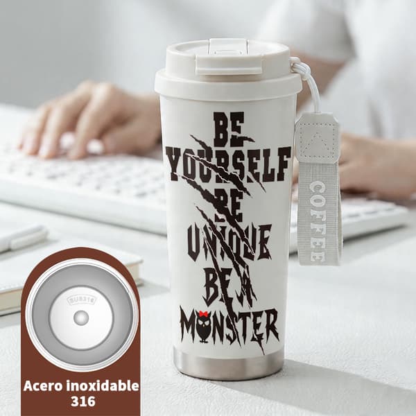 Bärbar kaffetermos 500ml rostfritt stål djurdesign, Isolerad kaffemugg, läckagesäker resemugg med lock White