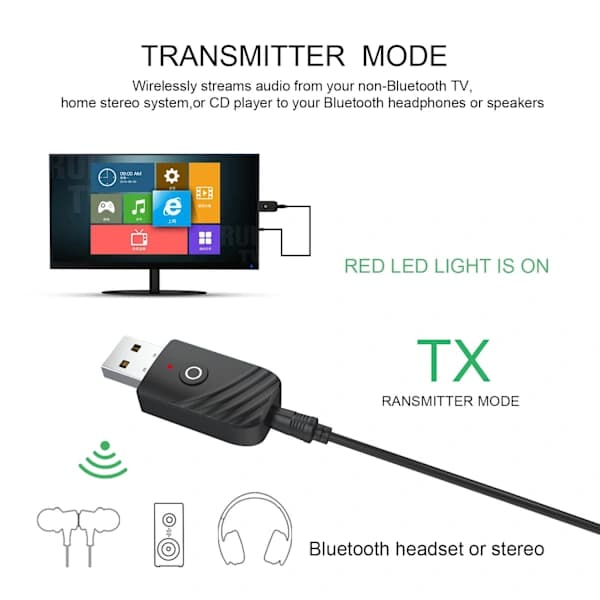 Bluetooth USB-sovitin, 5.0 langaton 3-in-1 USB-lähetin, A