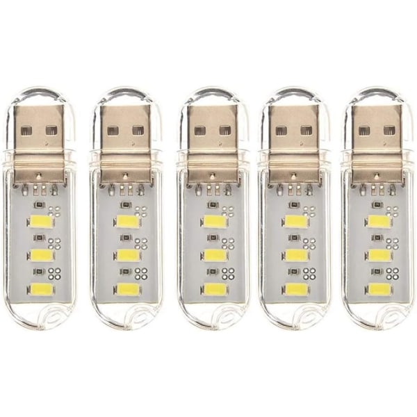 5 stycken (Kallvit) 5V Mini Bärbar USB Nattlampa 3leds skrivbord