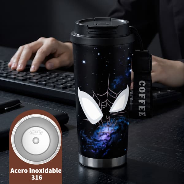 Termosmugg 500ml Rostfritt Stål Festlig Design, Isolerad kaffemugg, läckagesäker resemugg med lock Black