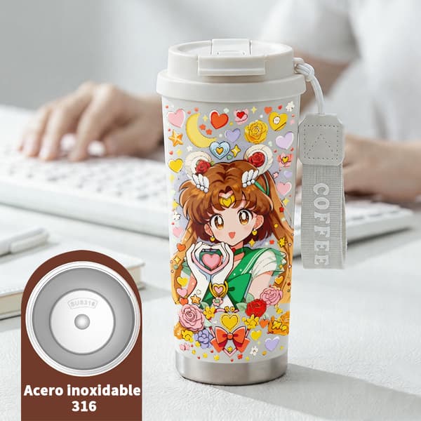 Termisk kaffemugg 500ml Rostfritt stål Tecknad design, Isolerad kaffemugg, läckagesäker resemugg med lock White
