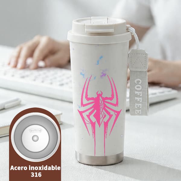 Kaffetermos 500ml Rostfritt Stål Blommig Design, Isolerad kaffemugg, läckagesäker resemugg med lock White