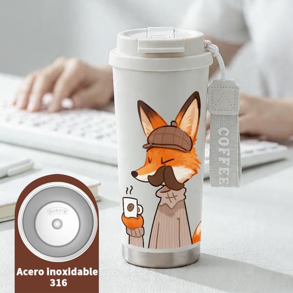 Termoskaffemugg 500ml Rostfritt Stål Djurdesign, Isolerad kaffemugg, läckagesäker resemugg med lock White