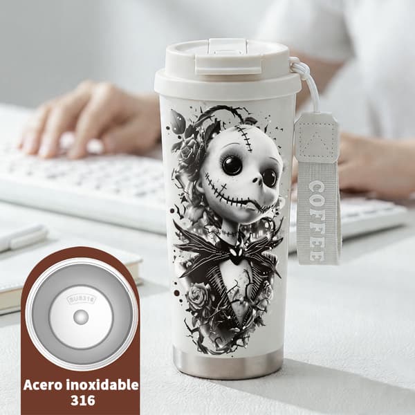 Termosmugg 500 ml rostfritt stål juldesign, isolerad kaffemugg, läckagesäker resemugg med lock White
