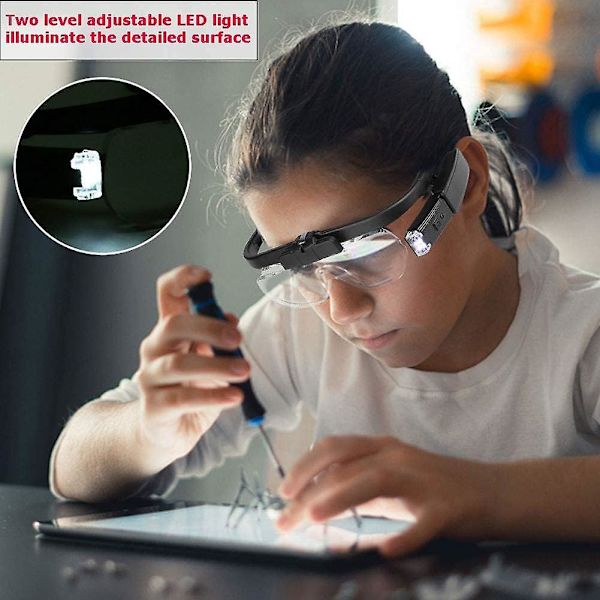 2-valoinen LED-valaisin suurennuslasi, otsapanta suurennuslasi tarkkuutta vaativaan lukutyöhön, kellojen valmistukseen, heikkonäköisille, USB-ladattava 1