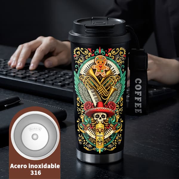 Termoskaffemugg 500ml för kontor Geometrisk design, Isolerad kaffemugg, läckagesäker resemugg med lock Black