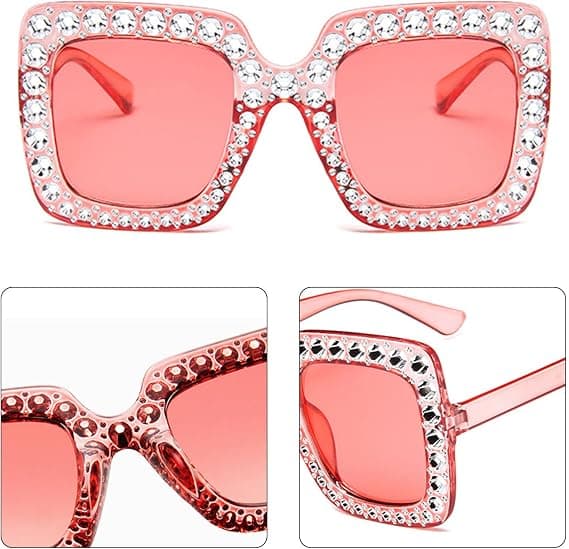 2-delt overdimensionerede solbriller med rhinestones, overdimensionerede firkantede
