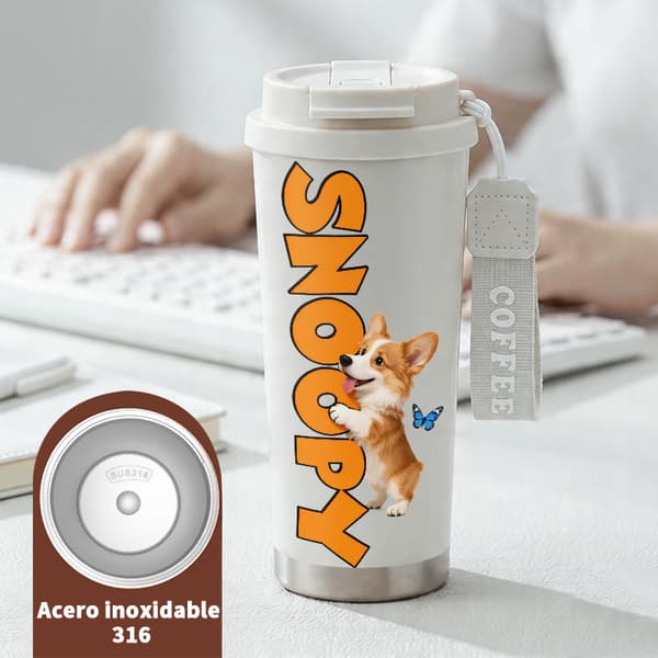 Bärbar kaffetermos 500 ml termisk tecknad design, isolerad kaffemugg, läckagesäker resemugg med lock White