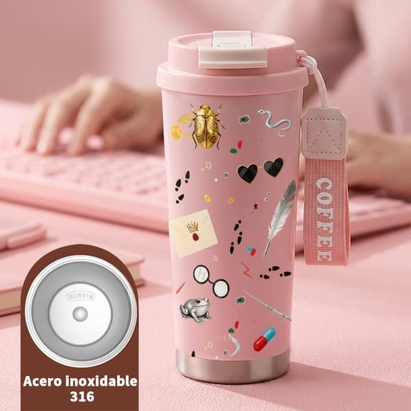 Kaffetermos 500ml Rostfritt Stål Trendig Design, Isolerad kaffemugg, läckagesäker resemugg med lock Pink