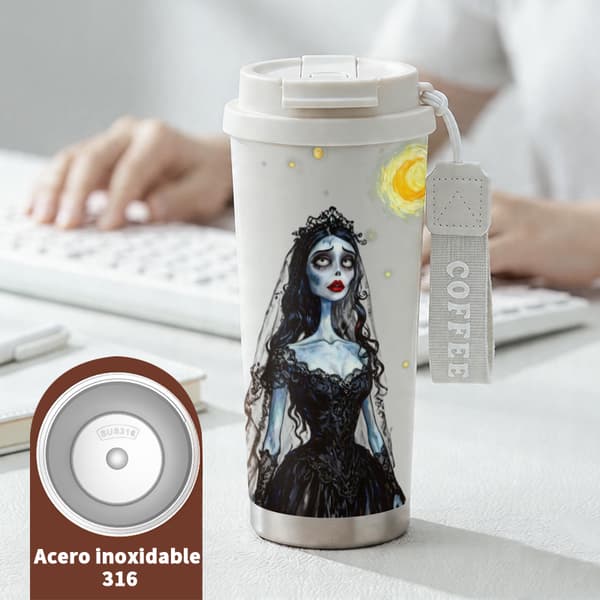 Kaffetermos 500ml Rostfritt Stål Djurmönster, Isolerad kaffemugg, läckagesäker resemugg med lock White