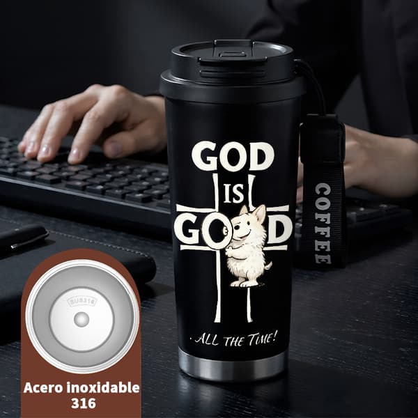 Bärbar kaffetermos 500 ml termisk isolering grafisk design, isolerad kaffemugg, läckagesäker resemugg med lock Black