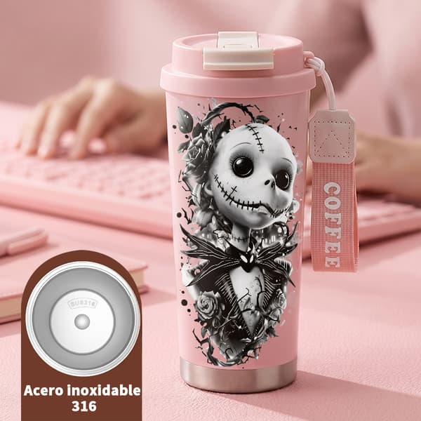 Termosmugg 500 ml rostfritt stål juldesign, isolerad kaffemugg, läckagesäker resemugg med lock Pink
