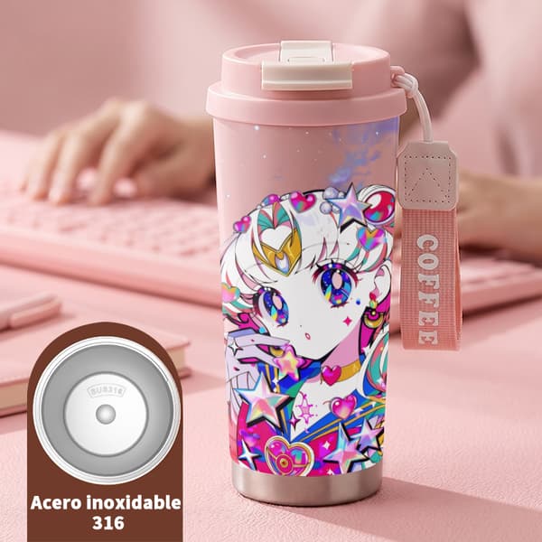 Termosmugg 500ml Rostfritt Stål Söt Design, Isolerad kaffemugg, läckagesäker resemugg med lock Pink