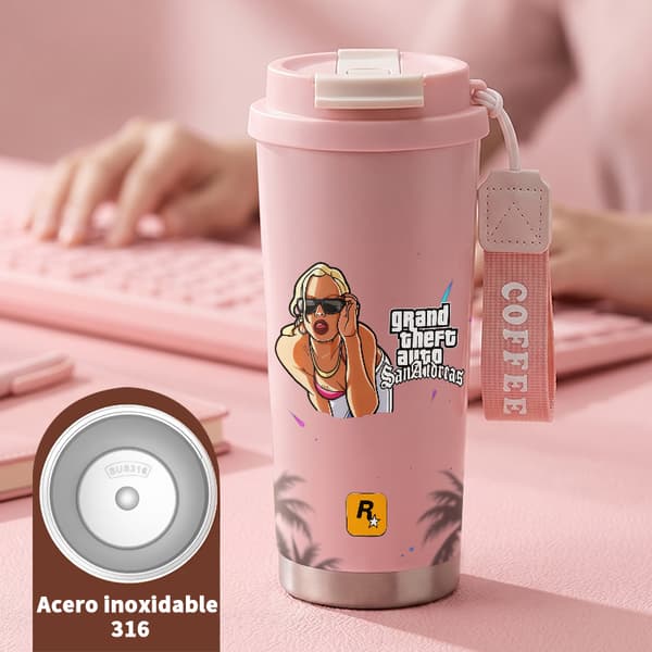 Bærbar kaffetermos 500 ml rustfritt stål kunstnerisk design Pink