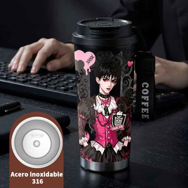 Kaffetermos 500ml 316 Rostfritt Stål Abstrakt Design, Isolerad kaffemugg, läckagesäker resemugg med lock Black