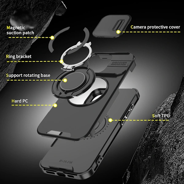 Magnetisk Ringstativ Etui til iPhone 16 Pro Max med Skydbart Linsebeskyttelse, Sort, A
