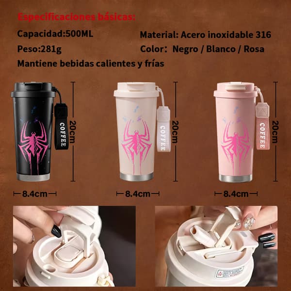 Kaffetermos 500ml Rostfritt Stål Blommig Design, Isolerad kaffemugg, läckagesäker resemugg med lock White