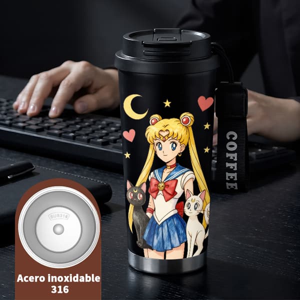 Kaffetermos 500ml Rostfritt Stål Festlig Design, Isolerad kaffemugg, läckagesäker resemugg med lock Black