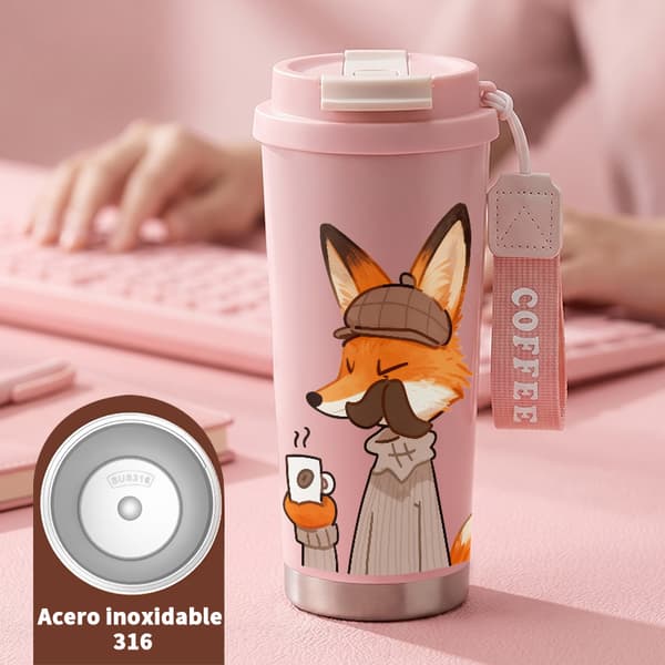 Termoskaffemugg 500ml Rostfritt Stål Djurdesign, Isolerad kaffemugg, läckagesäker resemugg med lock Pink