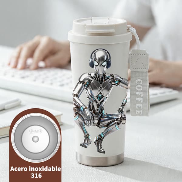 Termoskaffe Mugg 500ml Rostfritt Stål Djurmönster Design, Isolerad kaffemugg, läckagesäker resemugg med lock White