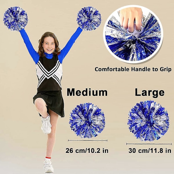 12 st Cheerleading Pom Poms för Barn, Metallisk Folie Plast Ring Cheer Pom Poms för Pojke Medium Blue