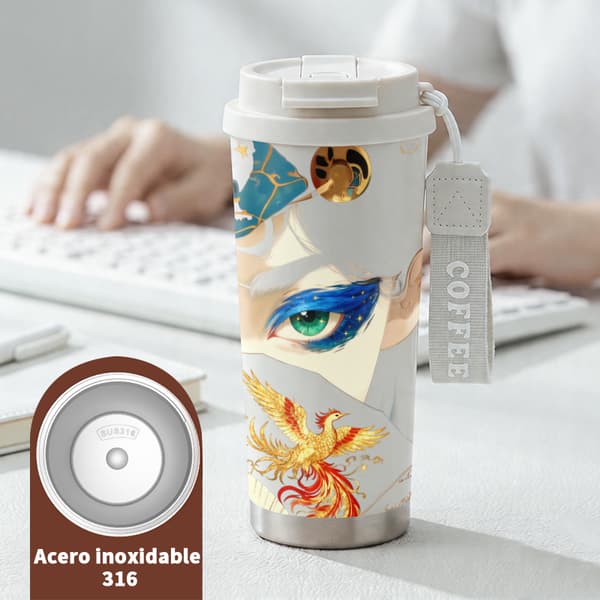 Kaffetermos 500ml 316 Rostfritt Stål Djurdesign, Isolerad kaffemugg, läckagesäker resemugg med lock White