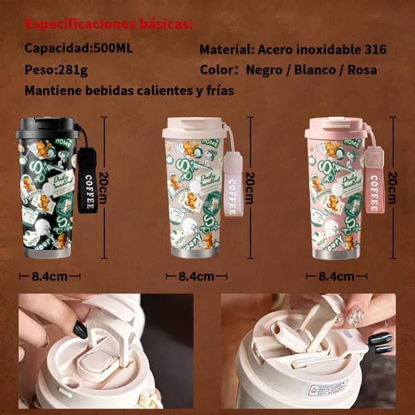 Kaffetermos 500ml Rostfritt Stål Festlig Design, Isolerad kaffemugg, läckagesäker resemugg med lock White