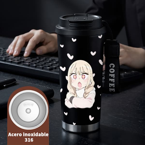 Kaffetermos 500ml Rostfritt Stål Djurmönster, Isolerad kaffemugg, läckagesäker resemugg med lock Black