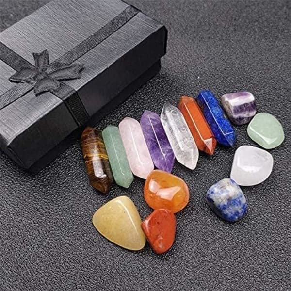 Premium Healing Crystals Kit i gaveæske - 7 Chakra Sæt Tumbled S,A
