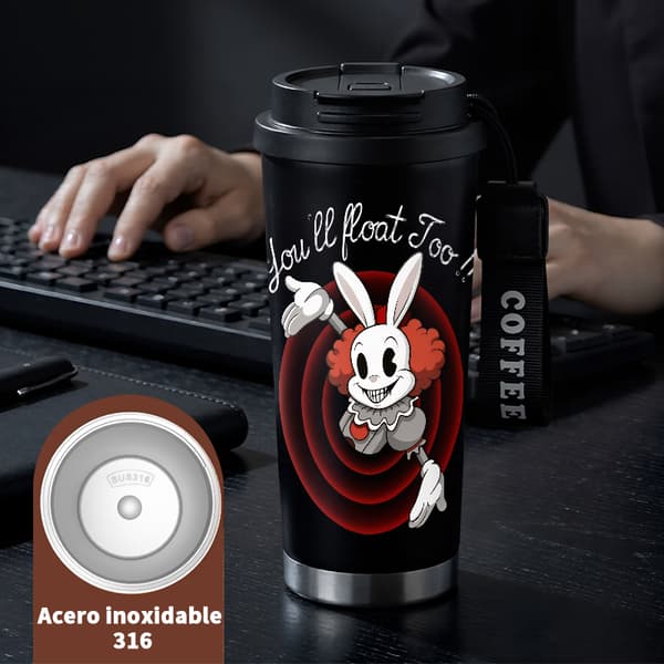 Kaffetermos 500ml Rostfritt Stål Abstrakt Design, Isolerad kaffemugg, läckagesäker resemugg med lock Black