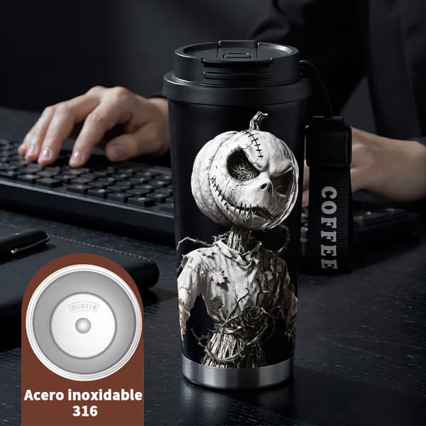 Termisk kaffemugg 500ml Rostfritt stål Tecknad design, Isolerad kaffemugg, läckagesäker resemugg med lock Black