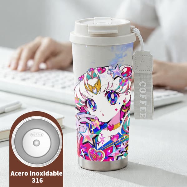 Termosmugg 500ml Rostfritt Stål Söt Design, Isolerad kaffemugg, läckagesäker resemugg med lock White