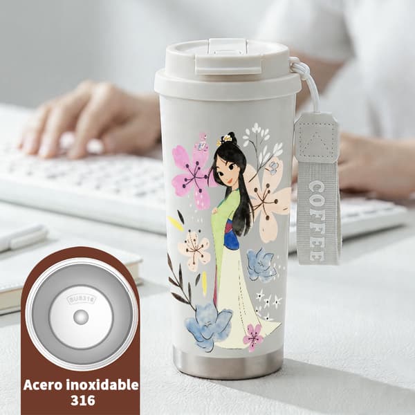 Bärbar kaffetermos 500 ml tecknad design, isolerad kaffemugg, läckagesäker resemugg med lock White