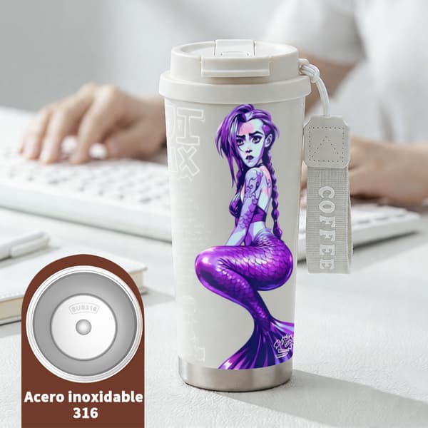 Kaffetermos 500ml Värmebevarande Konstnärlig Design, Isolerad kaffemugg, läckagesäker resemugg med lock White