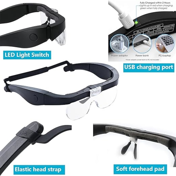 Hoveforstørrelsesglas med 2 LED-lys, USB-opladeligt LED-forstørrelsesglas