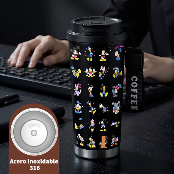 Termisk kaffemugg 500ml Present Geometrisk design, Isolerad kaffemugg, läckagesäker resemugg med lock Black