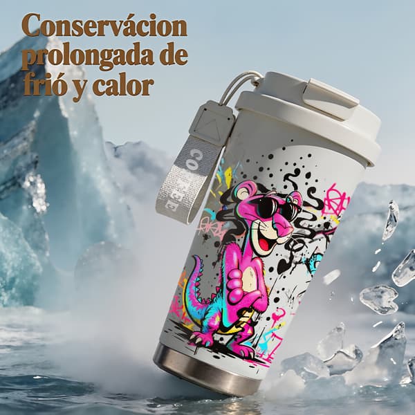 Termosmugg 500ml Rostfritt Stål Grafisk Design, Isolerad kaffemugg, läckagesäker resemugg med lock White