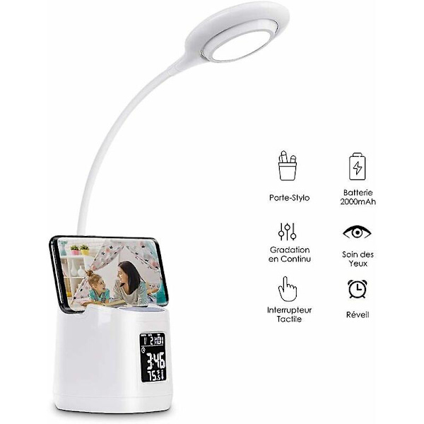 LED-pöytävalaisin, USB-ladattava lukuvalo, 3 valaistustilaa portaattomasti himmennettävä kosketusohjaus pöytävalaisin herätyskello, kalenteri ja lämpötilanäyttö